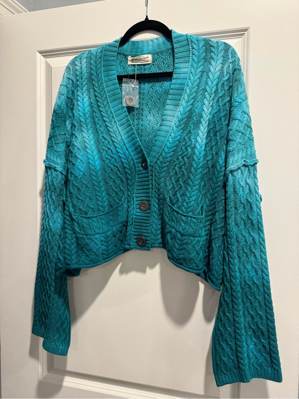NWOT Free People Washed Ashore Cable Knit Cardi - Teal XSMALL - Picture 6 of 14